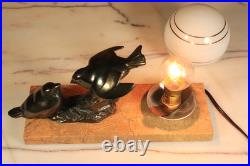 Antique French Art Deco Bronzed Table Lamp Birds Statue Marble -Ships DDP to USA