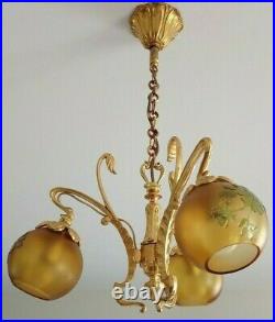 Antique French Art Deco Nouveau Chandelier Bronze Cameo Glass Wall sconces Lamp