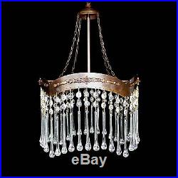 Antique French Art-Nouveau/ Deco Long Crystal Teardrop Chandelier/ Ceiling Lamp