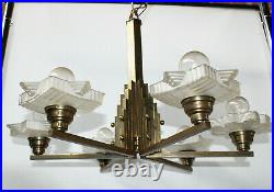 Antique French Art deco skyscraper bronze Glass star shade chandelier lamp