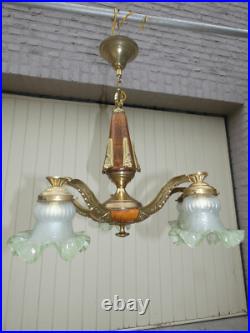 Antique French art deco Wood / brass 5 arms chandelier lamp