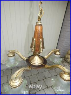 Antique French art deco Wood / brass 5 arms chandelier lamp
