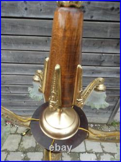 Antique French art deco Wood / brass 5 arms chandelier lamp
