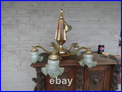 Antique French art deco Wood / brass 5 arms chandelier lamp