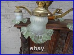 Antique French art deco Wood / brass 5 arms chandelier lamp