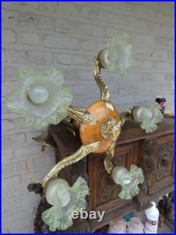 Antique French art deco Wood / brass 5 arms chandelier lamp