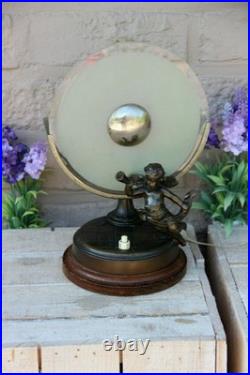 Antique French art deco metal bronze patina Putti angel Table lamp 1930