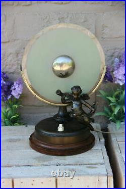 Antique French art deco metal bronze patina Putti angel Table lamp 1930