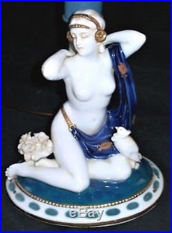 Antique German Art Deco Muller Nude Lady Dancer & Bird Porcelain Lamp Figurine
