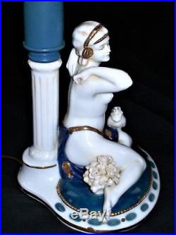 Antique German Art Deco Muller Nude Lady Dancer & Bird Porcelain Lamp Figurine