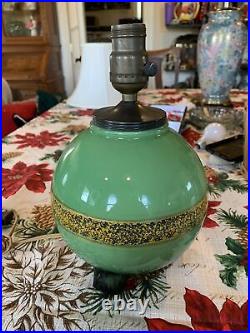 Antique Green Glass Globe Lamp Yellow Trim 7x11 Rare Art Deco