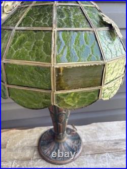 Antique Green Stained Glass Table Lamp Art Deco Floral