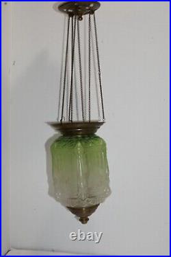 Antique Green Verde Art Deco Etched Glass & Brass Hanging Hall Lamp Pulley Chain