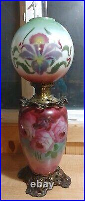 Antique Gwtw Parker Oil Lamp Art Noveau Floral Globes Ladies Head Flowing Hair
