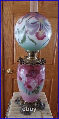 Antique Gwtw Parker Oil Lamp Art Noveau Floral Globes Ladies Head Flowing Hair