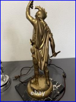 Antique HESSE Bronze Figural Warrior Lamp on Marble Base German Art Deco Era