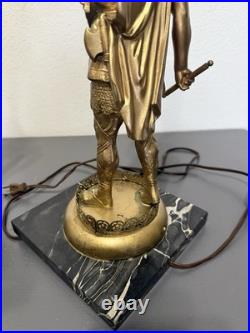 Antique HESSE Bronze Figural Warrior Lamp on Marble Base German Art Deco Era