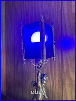 Antique Metal Art Deco Winged Cherub Table Light with Plastic Blue Shades
