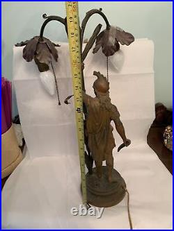Antique Metal Bronzed Art Figural Greek Roman Soldier Holding Sword Desk Lamp