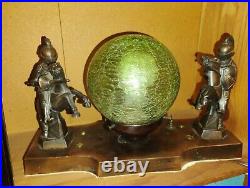Antique Mounted Knight Figural Spelter Meltal Lamp With Green Crackle Glass Shade