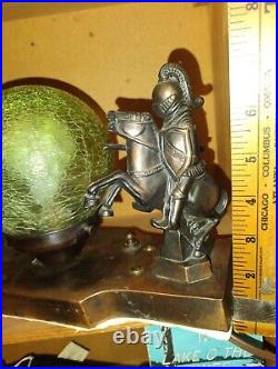 Antique Mounted Knight Figural Spelter Meltal Lamp With Green Crackle Glass Shade