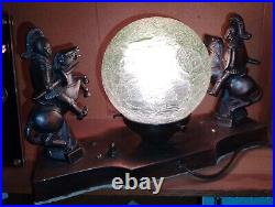 Antique Mounted Knight Figural Spelter Meltal Lamp With Green Crackle Glass Shade