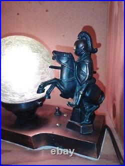 Antique Mounted Knight Figural Spelter Meltal Lamp With Green Crackle Glass Shade