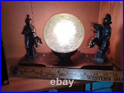 Antique Mounted Knight Figural Spelter Meltal Lamp With Green Crackle Glass Shade