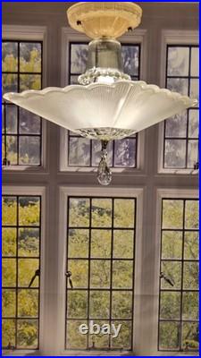 Antique Nouveau Scalloped Square Glass Ceiling Light Fixture Art Deco 1930s