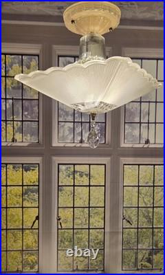 Antique Nouveau Scalloped Square Glass Ceiling Light Fixture Art Deco 1930s