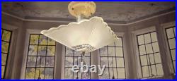 Antique Nouveau Scalloped Square Glass Ceiling Light Fixture Art Deco 1930s