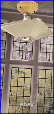 Antique Nouveau Scalloped Square Glass Ceiling Light Fixture Art Deco 1930s