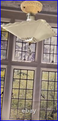 Antique Nouveau Scalloped Square Glass Ceiling Light Fixture Art Deco 1930s