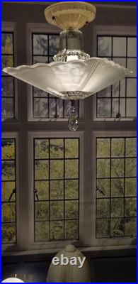 Antique Nouveau Scalloped Square Glass Ceiling Light Fixture Art Deco 1930s