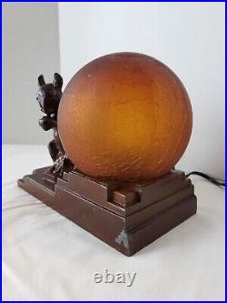 Antique Nuart Creations Art Deco Squirrel Amber Crackled Globe Table Lamp