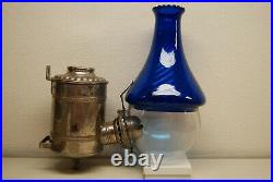 Antique Old Arts Crafts Art Nouveau Deco Cobalt Glass Oil Kerosene Angle Lamp