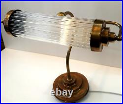 Antique Old Vintage Art Deco Brass & Glass Rod Bankers Table Desk Lamp Light