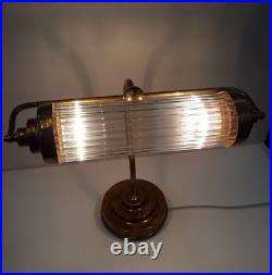 Antique Old Vintage Art Deco Brass & Glass Rod Bankers Table Desk Lamp Light