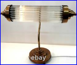 Antique Old Vintage Art Deco Brass & Glass Rod Bankers Table Desk Lamp Light