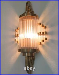 Antique Old Vintage Art Deco Brass & Glass Rod Ship Light Wall Sconces Lamp