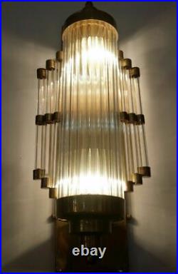 Antique Old Vintage Art Deco Brass & Glass Rod Ship Light Wall Sconces Lamp