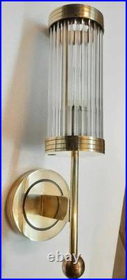 Antique Old Vintage Art Deco Brass & Glass Rod Ship Light Wall Sconces Lamp