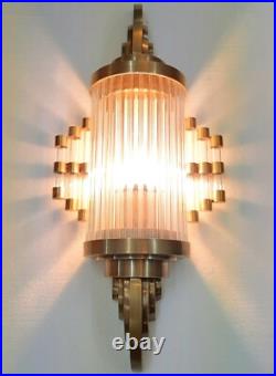 Antique Old Vintage Art Deco Brass & Glass Rod Ship Light Wall Sconces Lamp