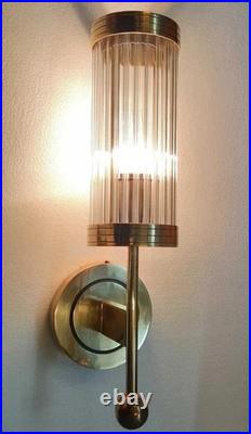 Antique Old Vintage Art Deco Brass & Glass Rod Ship Light Wall Sconces Lamp