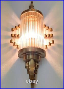 Antique Old Vintage Art Deco Brass & Glass Rod Ship Light Wall Sconces Lamp