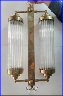 Antique Old Vintage Art Deco Fixture Ceiling Brass Hanging Light Glass Rod Lamp
