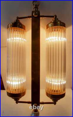 Antique Old Vintage Art Deco Fixture Ceiling Brass Hanging Light Glass Rod Lamp