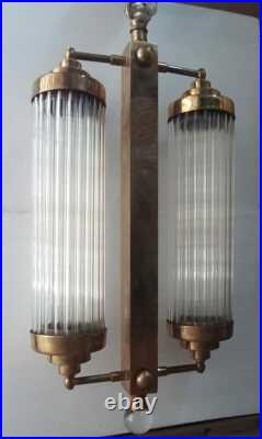Antique Old Vintage Art Deco Fixture Ceiling Brass Hanging Light Glass Rod Lamp