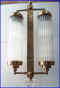 Antique Old Vintage Art Deco Fixture Ceiling Brass Hanging Light Glass Rod Lamp