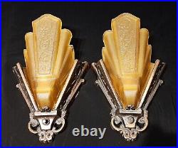 Antique PAIR of ART DECO Amber Glass SLIP SHADE Wall Sconces 1920s Copper Finish